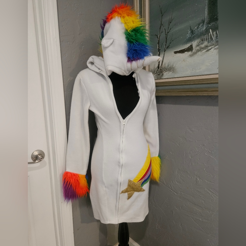 Adult Unicorn Dress with Hood and rainbow accents